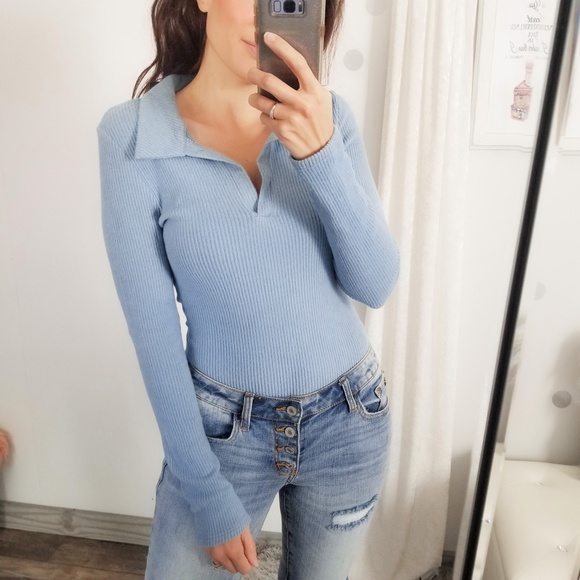 Fall Baby Blue Brushed Bodysuit with Collar Long Sleeve Tops Casual Basics - Picture 3 of 5